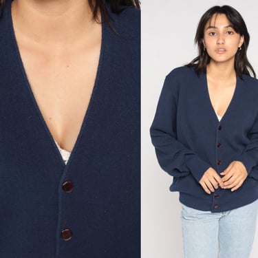 Navy Blue Cardigan 90s Knit Button up Sweater Plain Basic Solid Retro Grunge Slouchy Minimalist Acrylic Knitwear Vintage 80s Large L 