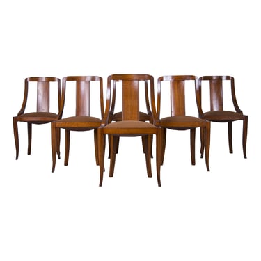 1930s French Art Deco Gondola Maple Dining Chairs W/ Brown Velvet - Set of 6 