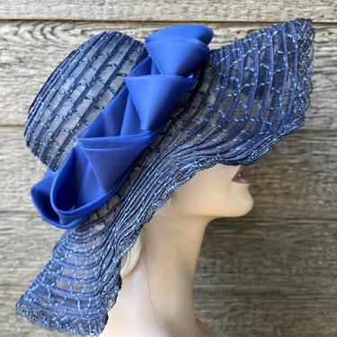 vintage sun hat 1970s navy huge brim ribbon sunhat 