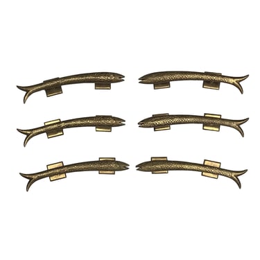 Set of 6 vintage brass drawer pulls in the shape of fish 12” long 