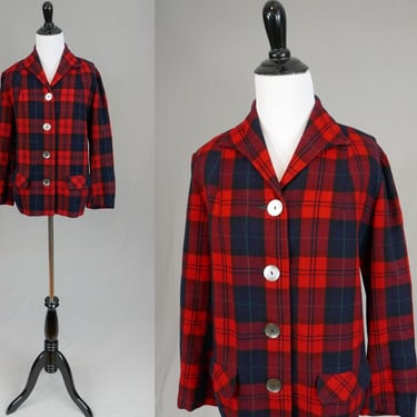 50s Pendleton Plaid Jacket - Red Navy Black Green Wool - Shell Buttons - Vintage 1950s - L 