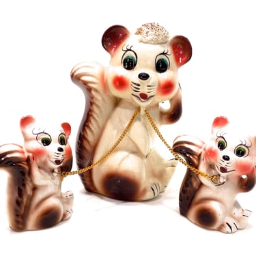 VINTAGE: Ceramic Squirrel Family - Chained Squirrel Set - Handcrafted - Hand Painted - Animal Figurine - Gift Idea - SKU 23-D-00010301 