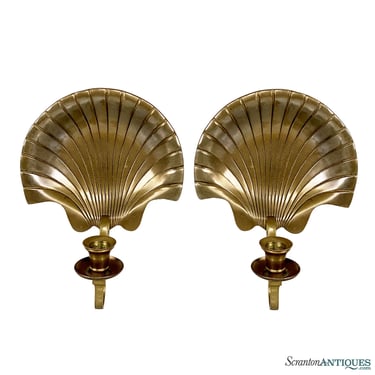 Vintage Hollywood Regency Brass Scallop Shell Wall Candle Sconces - A Pair