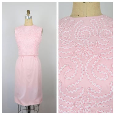 Vintage 1950s wiggle dress set, barbie pink, ribbon, embroidered, silk chiffon 