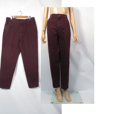 Vintage 90s Plus Size High Waist Maroon Burgundy Wine Color Tapered Leg Mom Jeans Made In USA Size 16 34 x 30 