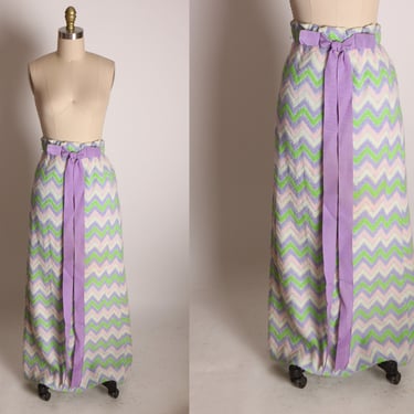 1960s Purple, Pink, Green and White Chevron Zig Zag Full Length Bow Ribbon Detail Elastic Waist Skirt -XS-S 