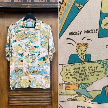 Vintage 1980’s Comic Book Cartoon New Wave Style Rayon Hawaiian Shirt, 80’s Loop Collar Shirt, Vintage Clothing 