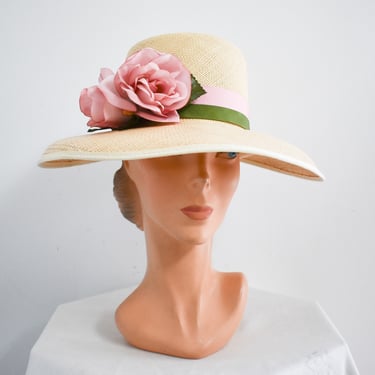 1980s Betmar Pink Roses Straw Hat 