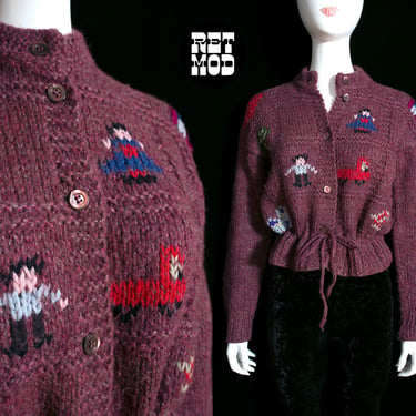 So Cute Vintage 70s 80s Italian Purple Wool Cardigan Sweater with People, Trees & Houses 