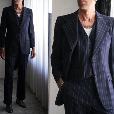 Vintage 70s Yves Saint Lauren Navy Blue Chalk Stripe Three Piece Flared Suit | Made in France | 100% Wool | 1970s YSL Designer Tailored Suit 
