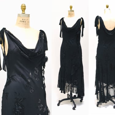 Vintage 00s Y2K Bias Cut Silk Sequin Dress Black Silk Burn out Cowl Neck Dress Medium Large// 90s Grunge Silk Sequin Dress Medium Large 
