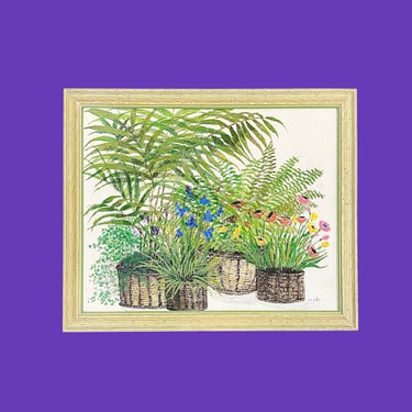 Vintage Ida Pellei Print 1970s Retro Size 28x35 Bohemian + Flowers and Ferns + In Baskets + Lithograph + On Paper + Boho Wall Decor + Art 