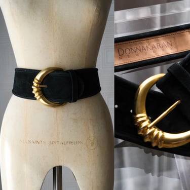 Vintage 1988 Donna Karan Documented Runway Black Suede Wide Leather Waist Belt | Made in Italy | Robert Lee Morris Buckle | 1980s Designer 