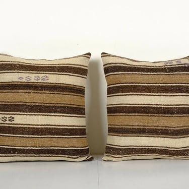 Vintage Hemp Turkish Kilim Pillow, Striped Natural Turkish | 18&quot; X 18&quot;