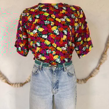 Vintage Floral Print Short Sleeve Blouse | Colorful 80s Style Women's Top | Bold Flower Pattern Shirt | Short Sleeve Botanical Blouse 