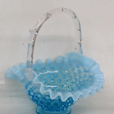 Fenton Glass Blue and Clear Hobnail Brides Basket Vase Candy Dish 3846B