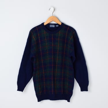 Vintage 90s Dark Green & Navy Plaid Sweater - pure new wool, made in england, oversized, pullover - Men's M 