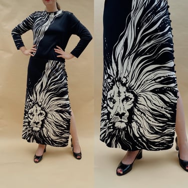 Pagnne by Gene Beck Black and Cream Polyester Lion Print  Signed Maxi Dress 1970s 