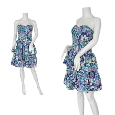 Laura Ashley 1980's Strapless Blue Floral Cotton Tiered Ruffled Dress I Sz Med I Sz 10 US 