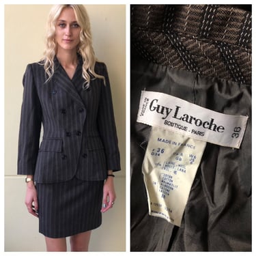 1990's Guy Laroche Black Striped Skirt Suit / Sexy Secretary Sexy CEO / Vertical Pin Stripes / Mix and Match / Blazer Jacket Skirt Suit 