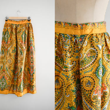 1970s Golden Yellow Paisley Satin Maxi Skirt 