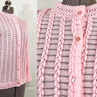 Vintage Pink Cardigan Open Cable Knit Sweater Long Sleeve Montgomery Ward Granny Button Front Grannycore Grandmacore 1970s 70s Small 