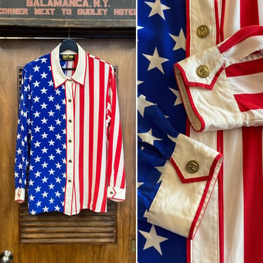 Vintage 1980’s “Bob Mackie” Silk Stars x Stripes Flag Print Shirt Blouse, 80’s Vintage Clothing 
