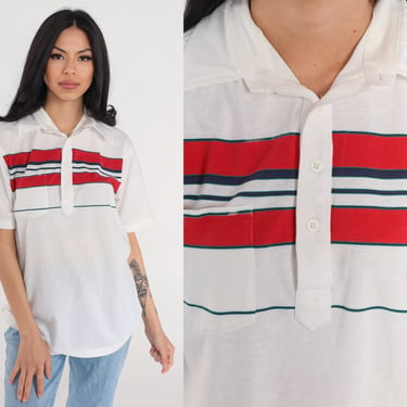 Golf Shirt 90s Striped Polo Shirt PGA Tour Preppy Half Button Up Pocket Short Sleeve Collared Top White Red Blue Vintage 1990s Mens Medium M 