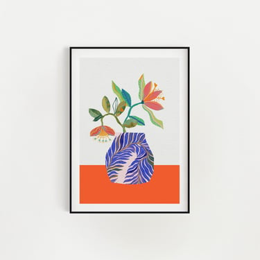 Flower Bouquet Art Print - Maximalist Wall Decor, Orange and Blue Wall Art, Cubicle Decor 