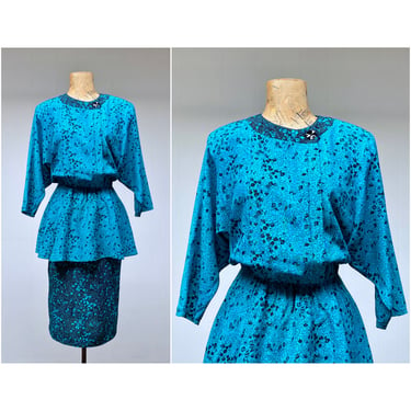 Vintage 1980s Does 1940s Peplum Dress, Turquoise/Black Floral Rayon Dress w/Batwing Sleeves and Pencil Skirt, Medium 