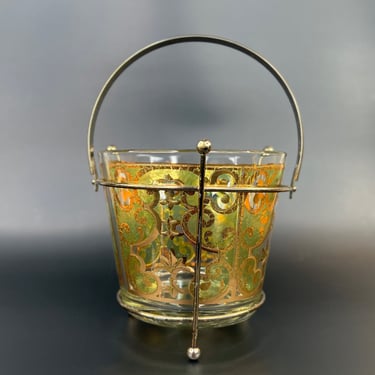 Gold Trim Starlyte Ice Bucket by Culver Glass with Metal Holder 