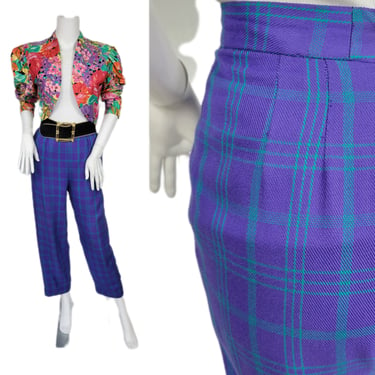 1980's Purple Green Plaid High Waist Pants I Sz Med I W: 28