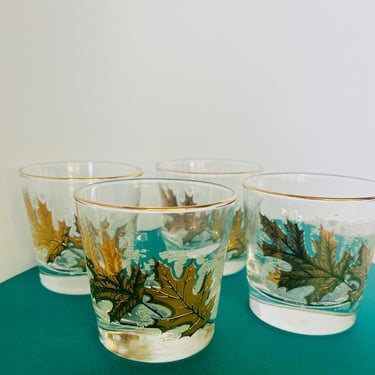 Vintage Set of 4 Libbey Gold Maple Oak Leaf and Green Old Fashioned Glasses 