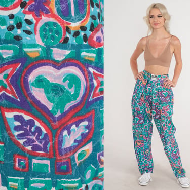 90s Parachute Pants Dare Wear Baggy Hammer Pants Abstract Floral Heart Bird Print Blue Green Pink Cotton Vintage 1990s Small Medium Large 