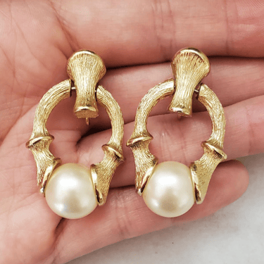 Sarah Coventry Gold Bamboo and Pearl Earrings
