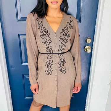 80s Dawn Joy V Neck Houndstooth Embroidered Button Down Midi Dress 