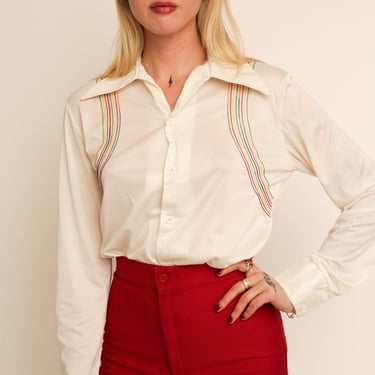 Vintage 1970s 70s White Long Sleeve Disco Button Up Blouse w/ Rainbow Embroidery and Sharp Dagger Collar 