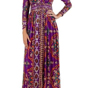 1970S Elizabeth Arden Jewel-Tone  Purple Silk Chiffon Beaded Ysl Style Gown With Sleeves Belt 