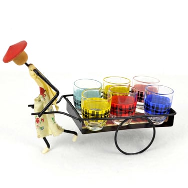 Shot glasses set with string art rickshaw figure stand 50s 60s mid century vintage design liqueur set 
