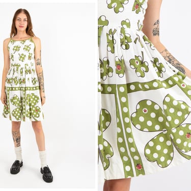 Vintage 1950s 50s Shamrock Four Leaf Clover Lucky Ladybird Fit & Flare Sleeveless Midi Dress w/ Scooped Neckline 