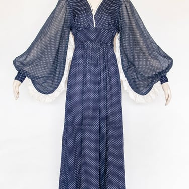 1970s Dress Polka Dot Poet Sleeve Maxi Gown M/L 