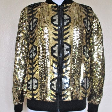 Vintage 1980s Jewel Queen Sequin Bomber Jacket, Medium Women, Black Silk, Gold Sequins, ribbed knit, NWT 