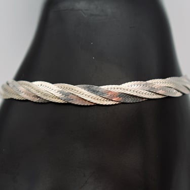 90's Milor 925 silver twisted herringbone chain, Italy satin & polished sterling flat woven bracelet 