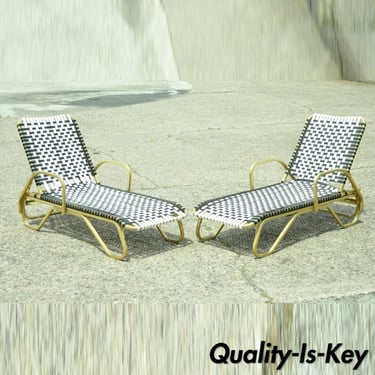 Hollywood Regency Vinyl Strap Aluminum Pool Patio Chaise Lounge Chairs - a Pair