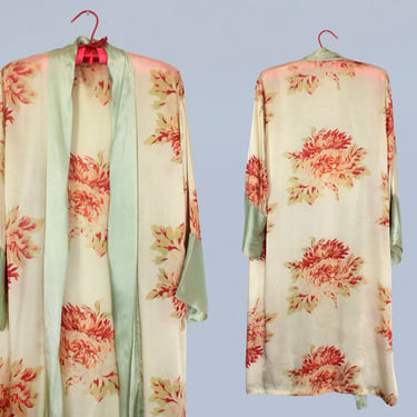 1920s Robe / 20s Silky Satin PEONY Flower Print Flapper Robe 