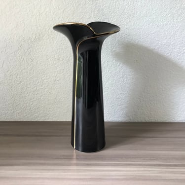 Vintage Yamaji Black Vase Porcelain Gold Trim Japan 