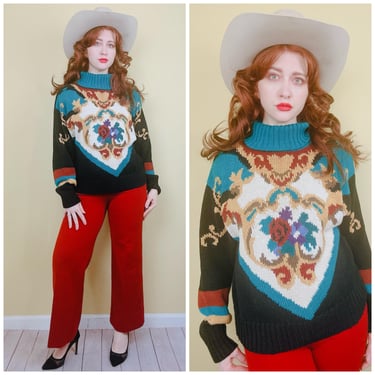 1980s Vintage Black and Teal Ramie Cotton Bouquet Sweater / 80s Knit Turtleneck Floral Cottage Core Jumper / Large 