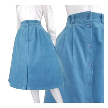 Vintage Corduroy Skirt, Large / Flared Day Skirt with Pockets / 1980s Sky Blue Velvet Button Skirt / All Cotton Elastic Waist Market Skirt 