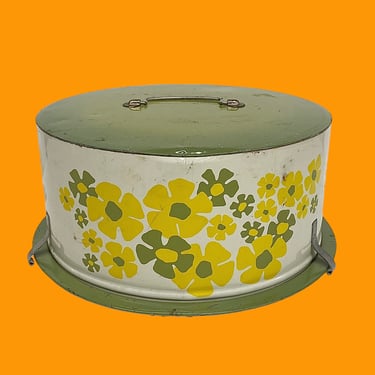 Vintage Decoware Cake Carrier Retro 1960s Mid Century Modern + Flowers + Green + Yellow + White + Metal + 2 Piece + MCM Kitchen + Storage 