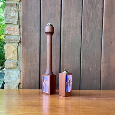 1960s Sculptural Walnut Table Lighters Vintagen Mid-Century Moidernist with Enamel Art 